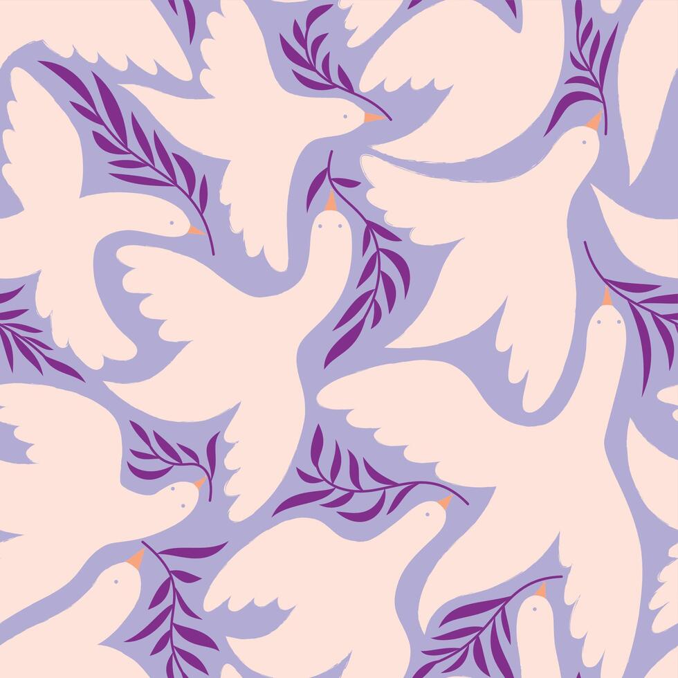 Seamless vector pattern with doves of peace holding olive branches