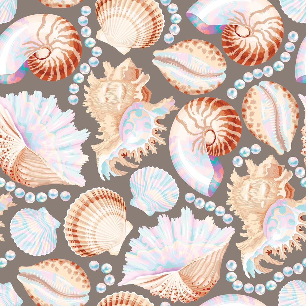 Vector seamless pattern with brown and white shells and string of pearls on beige background