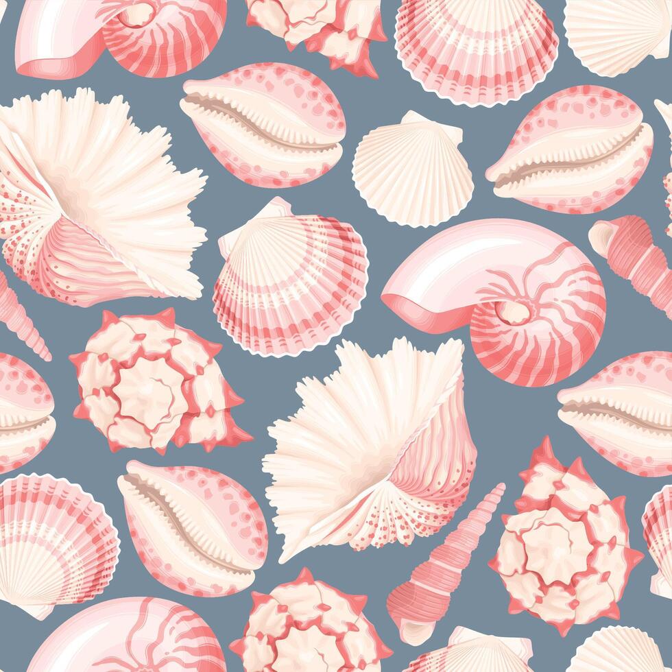 Vector seamless pattern with pink and white shells on grey background