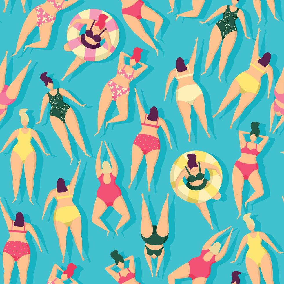 People swimming pattern. Summer seamless background. Summertime vector illustration with swimmers drawing in flat design.