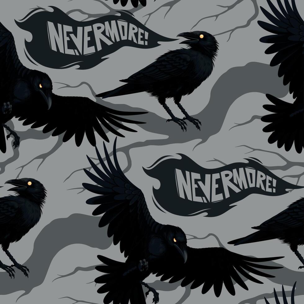 Vector seamless pattern with black raven on a branch