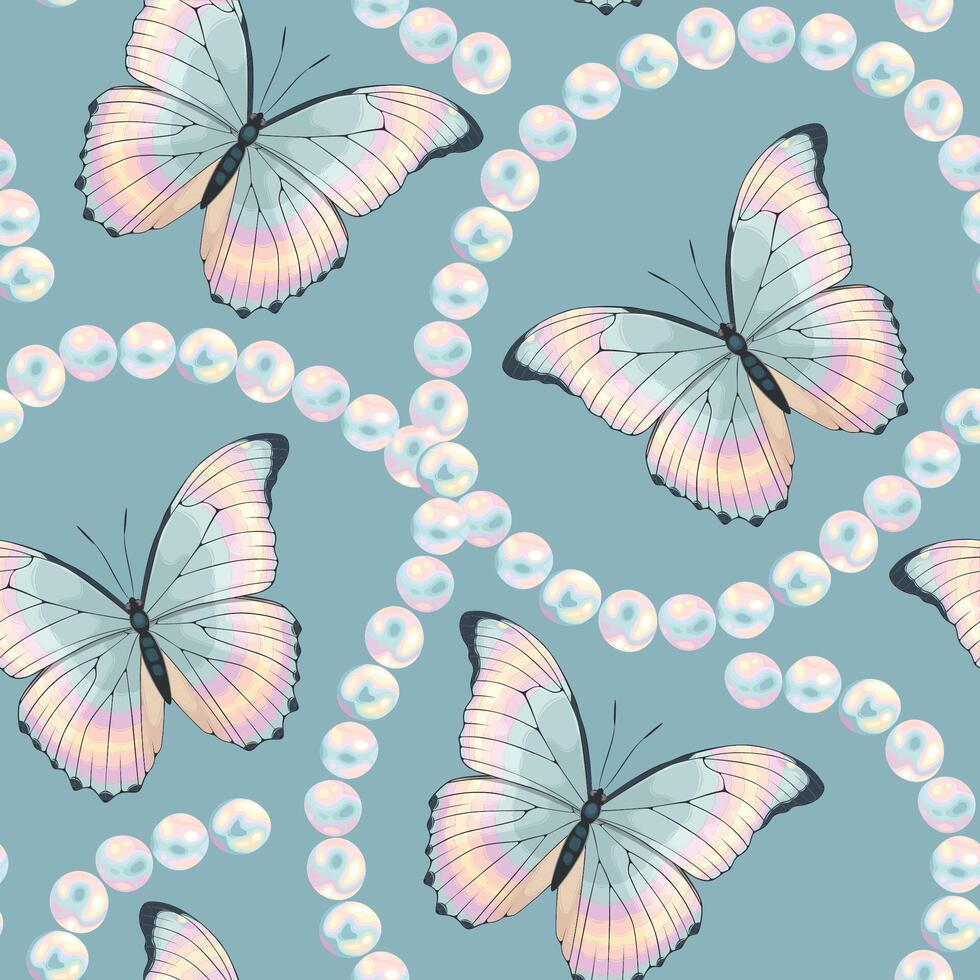 Vector seamless pattern with high detailed tropic butterfly and string of pearls