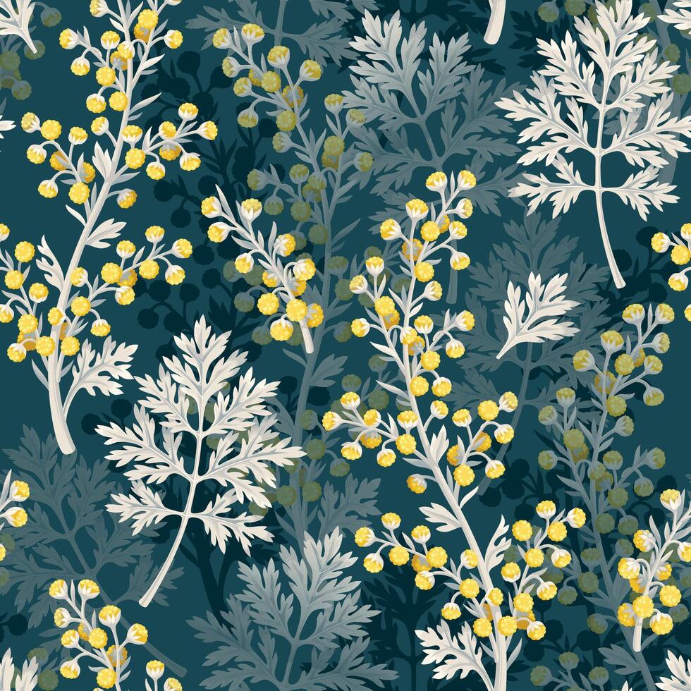 Wormwood leaves and flowers high detailed vector seamless pattern on dark green background