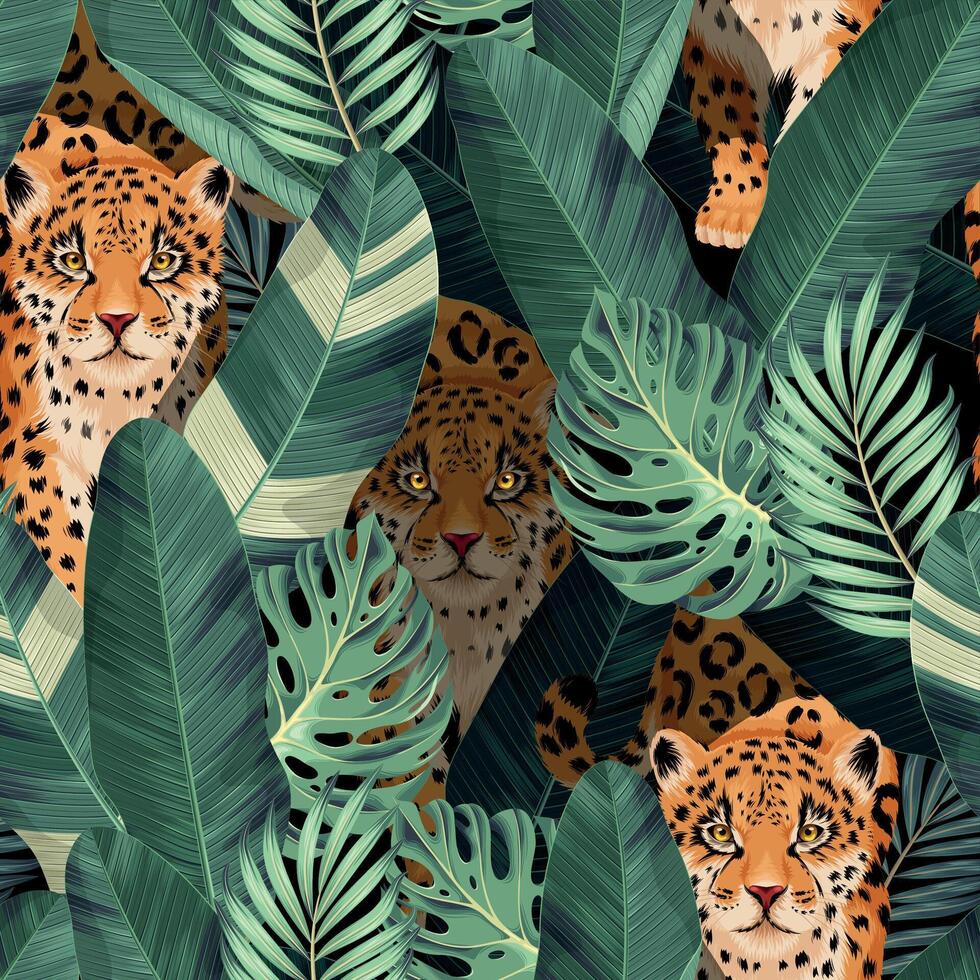 High detailed realistic leopard and palm leaves vector seamless pattern