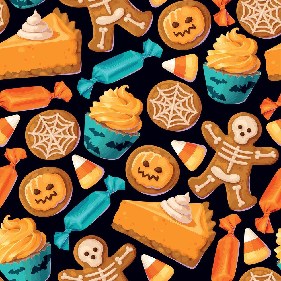 Sweets candies and colorful lollipops halloween seamless pattern vector illustrations