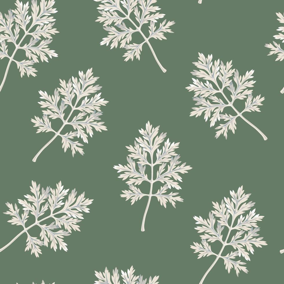 Vector seamless pattern with high detailed wormwood leaves on green background