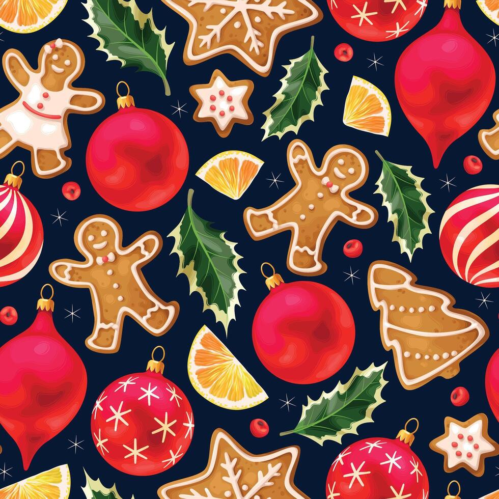 Winter seamless patterns with gingerbread cookies and holly leaves vector