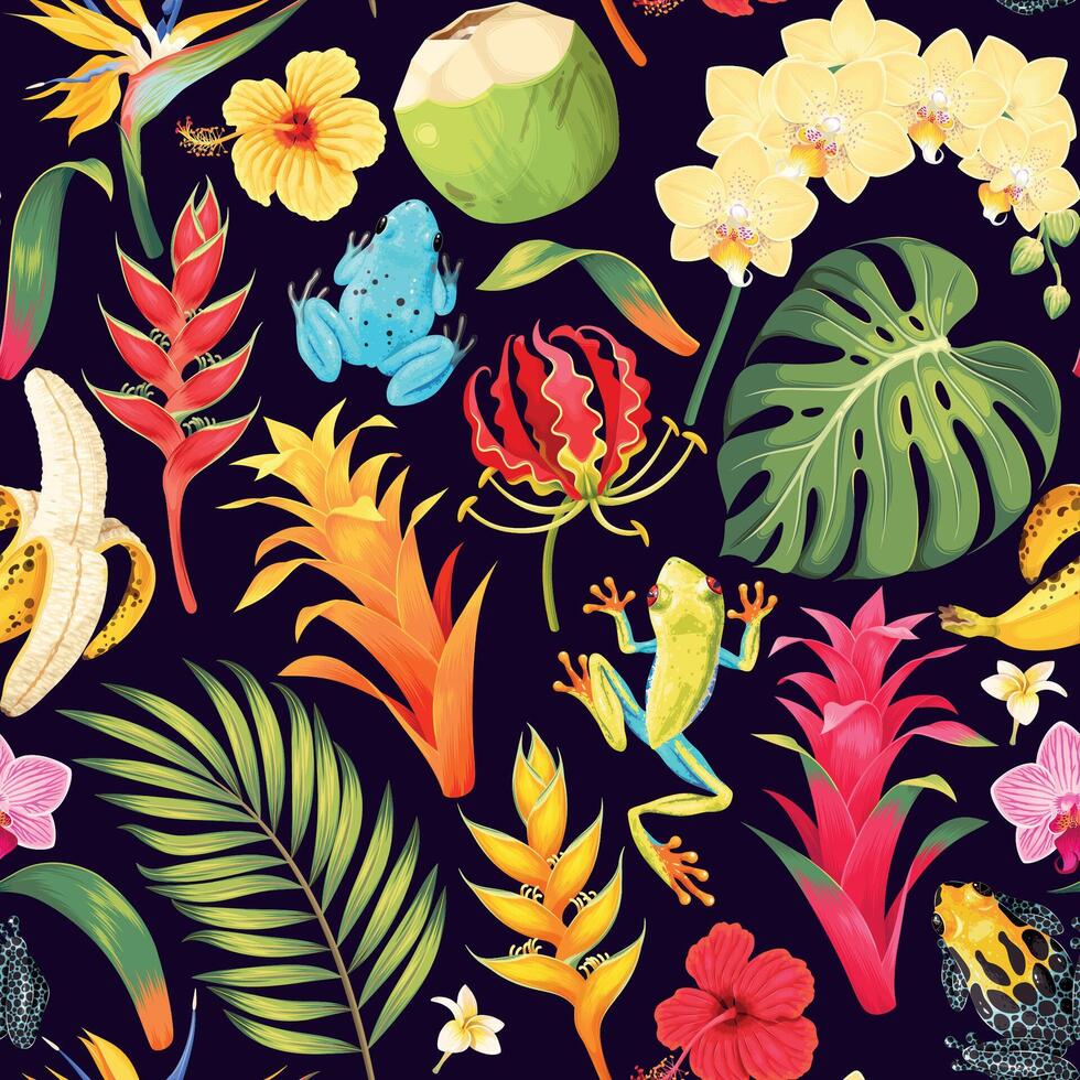 Vector seamless pattern with tropical flowers and dart frogs