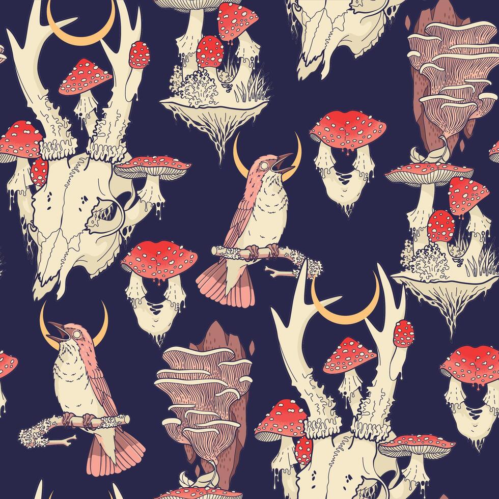 Deer skull with fly agaric, enchanted forest vector seamless pattern
