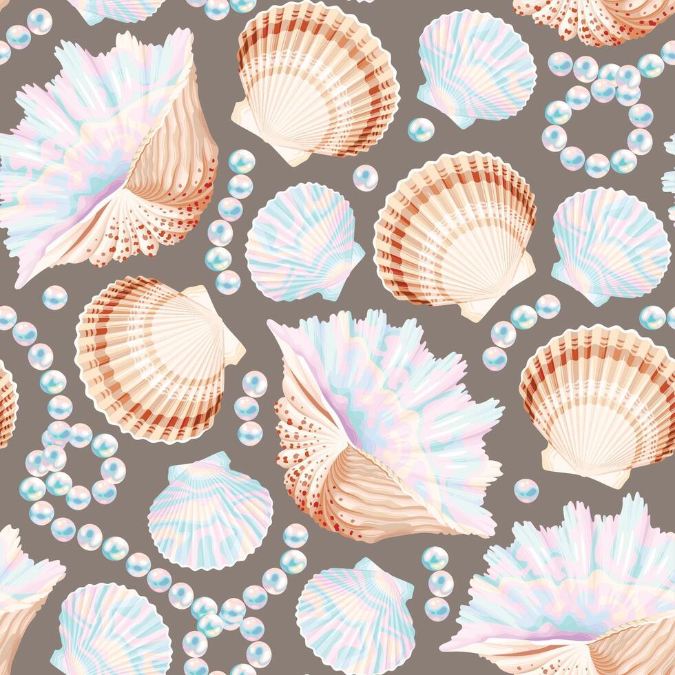 Vector seamless pattern with brown and white shells and string of pearls on beige background