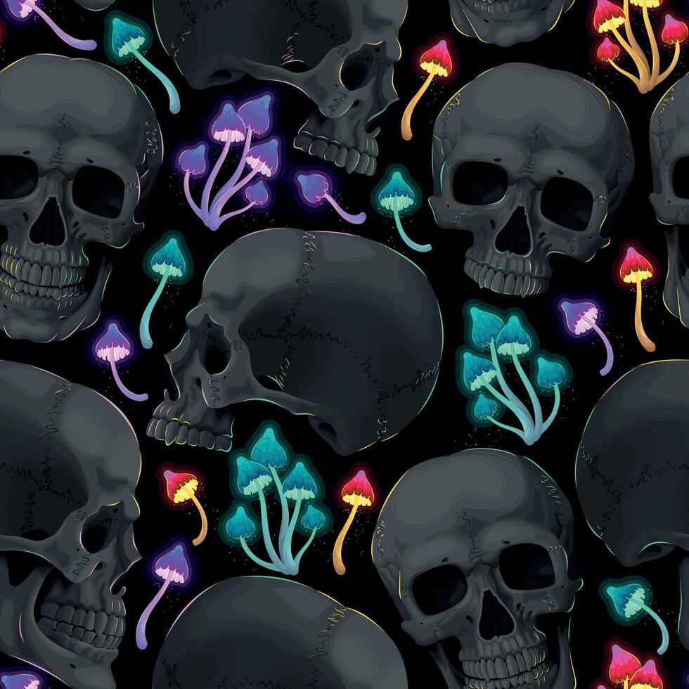 Vector seamless pattern with neon psychedelic mushrooms and black human skulls on black background