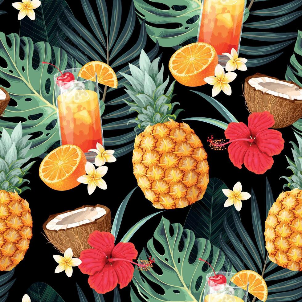 Tropical cocktails, pineapple and palm leaves seamless pattern on black background vector