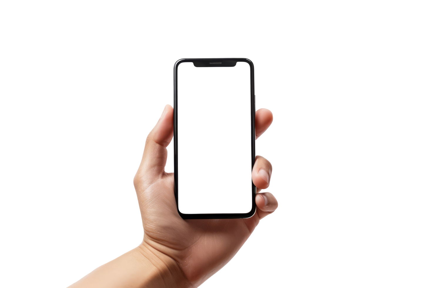 Close up hand holding holding black mobile phone with blank white screen isolated on transparent background With clipping path.3d render png