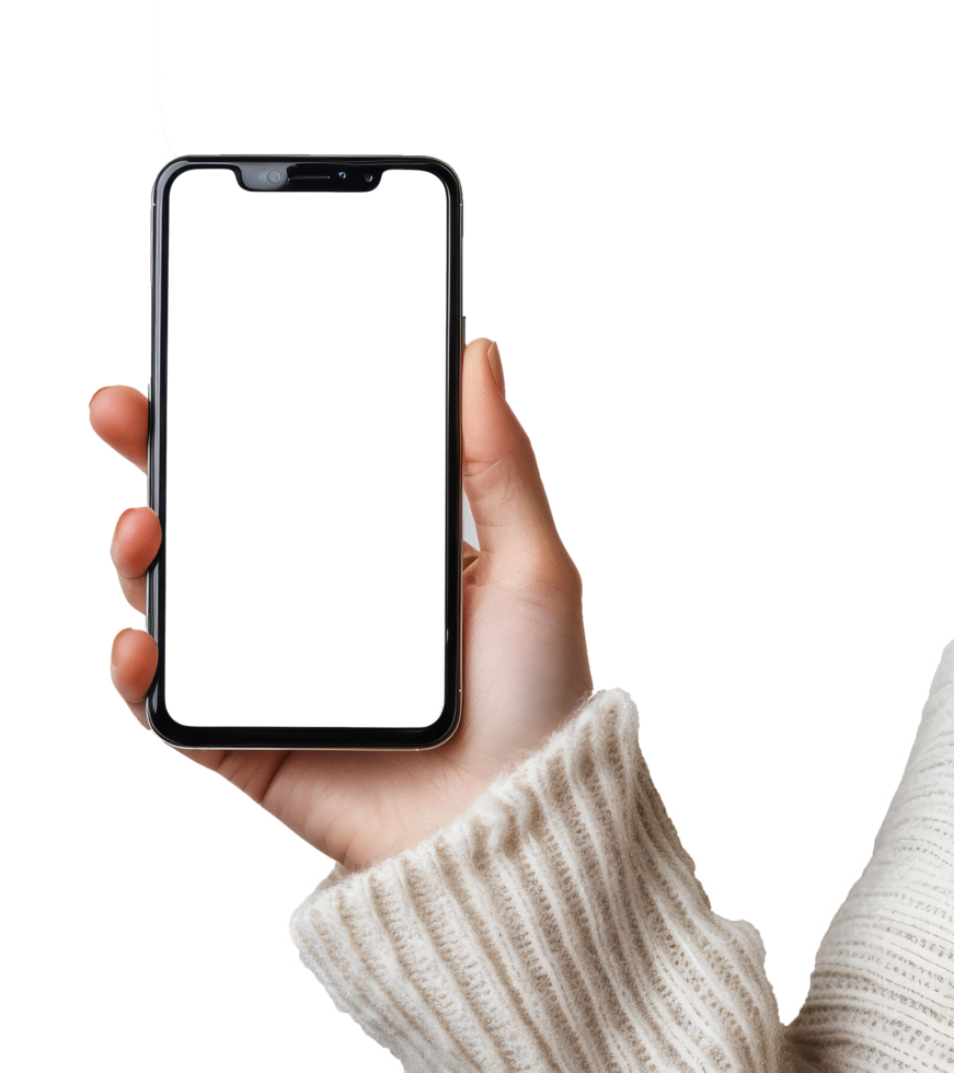Close-up of female hand holding Smartphone with blank white screen isolated on transparent background With clipping path.3d render png