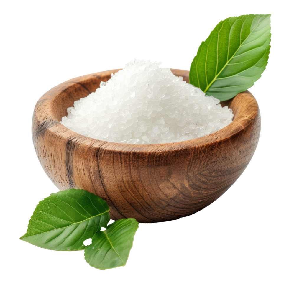 Citric acid in wooden plate with green leaves isolated on transparent background With clipping path.3d render png