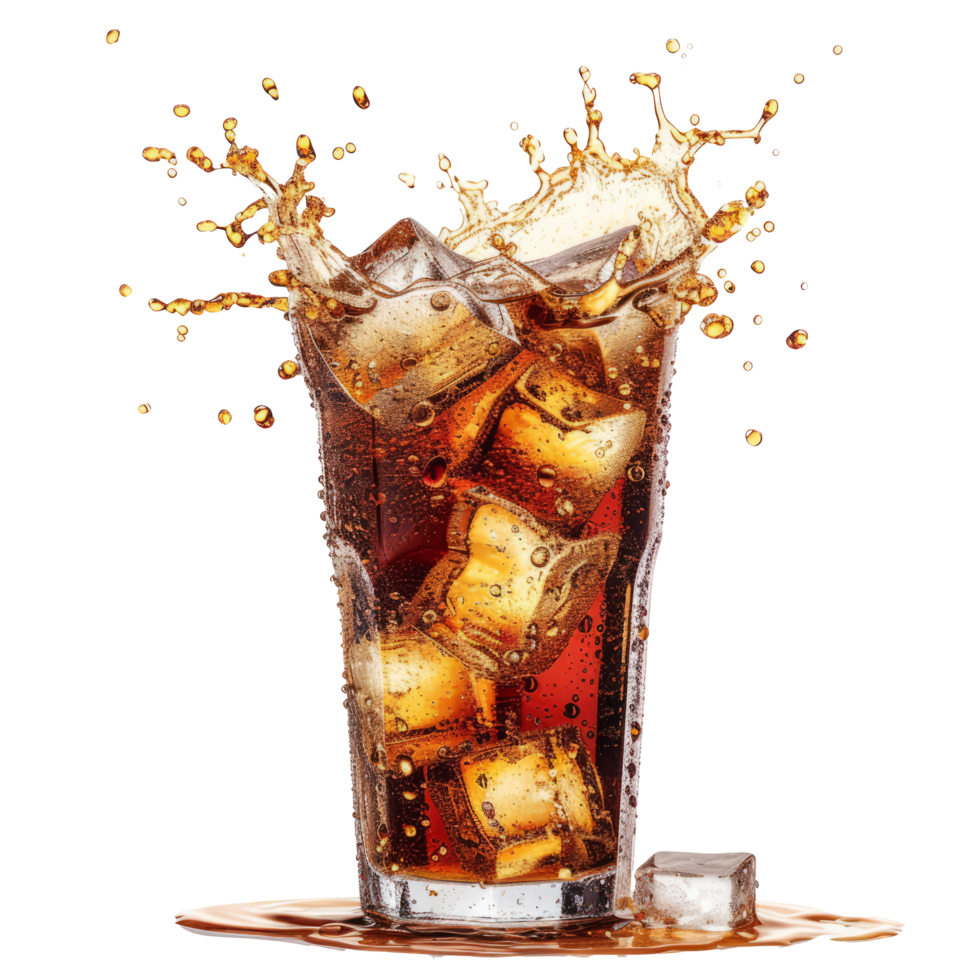 Cola with splash of ice cubes isolated on transparent background With clipping path.3d render png
