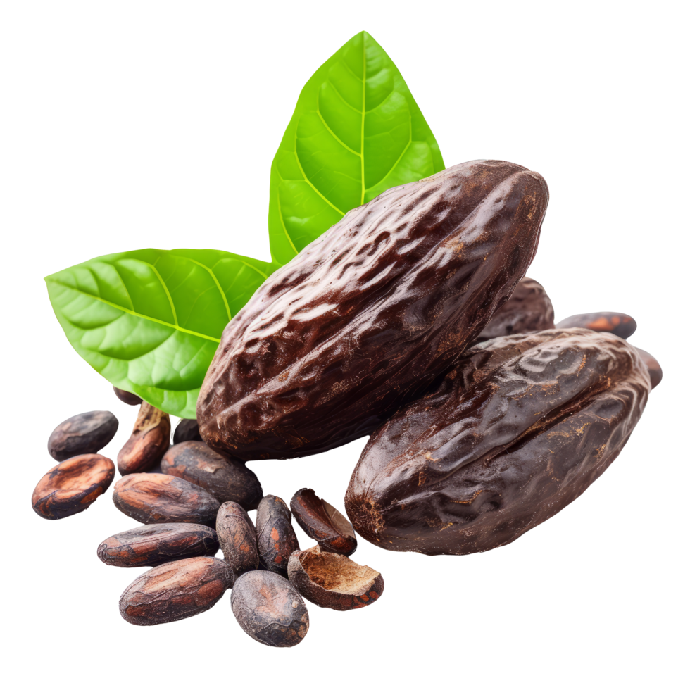 Cacao beans with leaves isolated on transparent background With clipping path.3d render png
