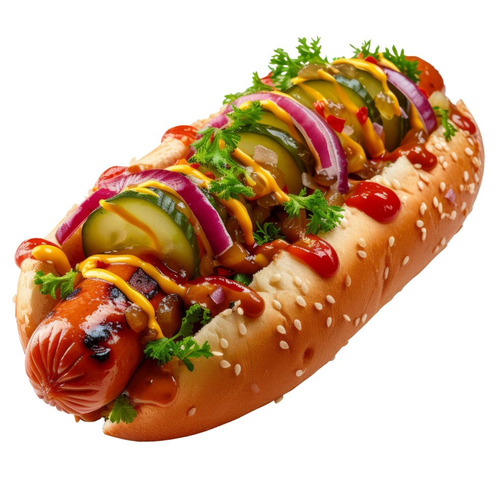 AI generated Delicious hot dog with mustard and pickled cucumbers isolated on transparent background With clipping path. png