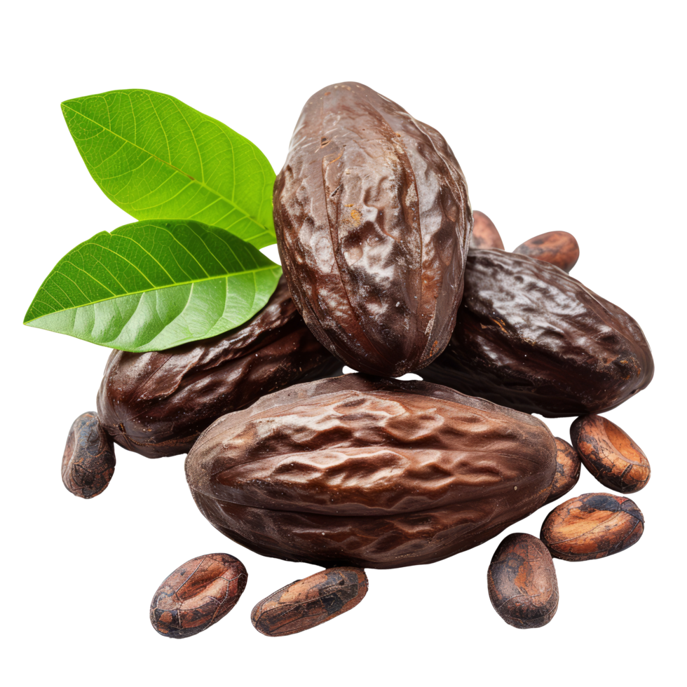 cacau feijões com folhas isolado em transparente fundo com recorte caminho.3d render png