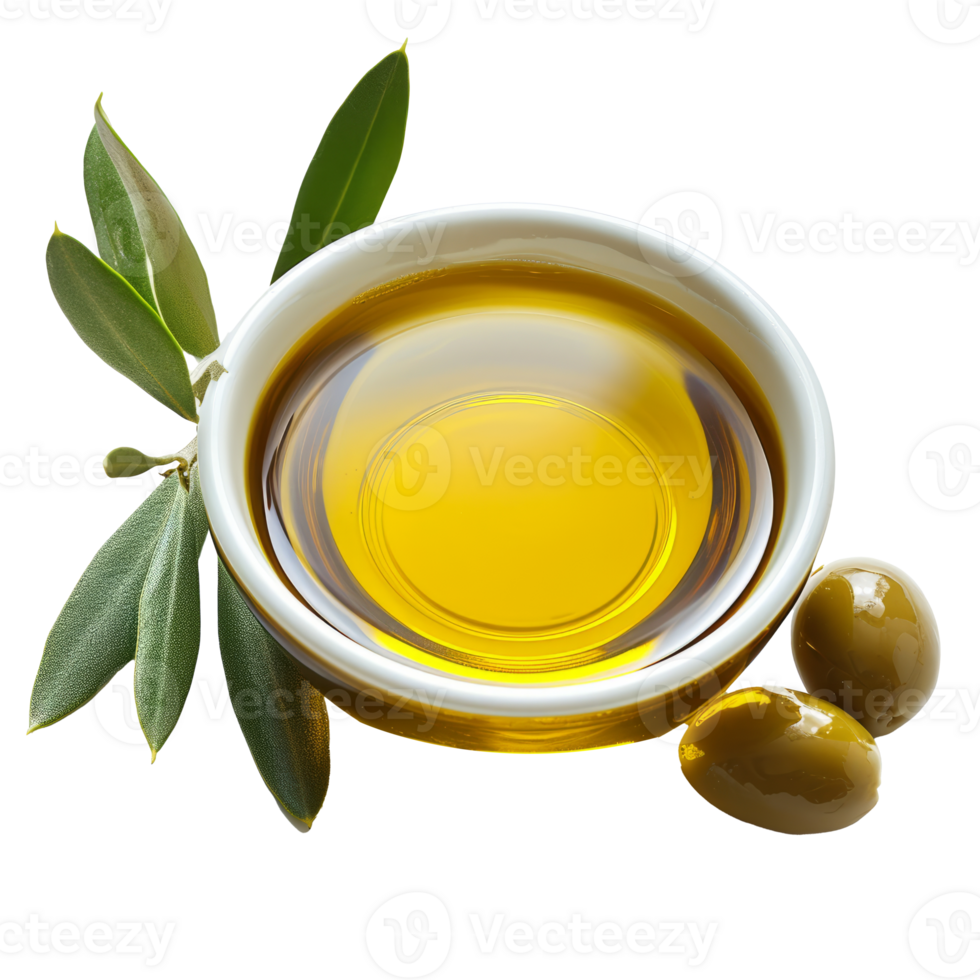 AI generated Bowl of fresh olive oil isolated on transparent background With clipping path.3d rendering png