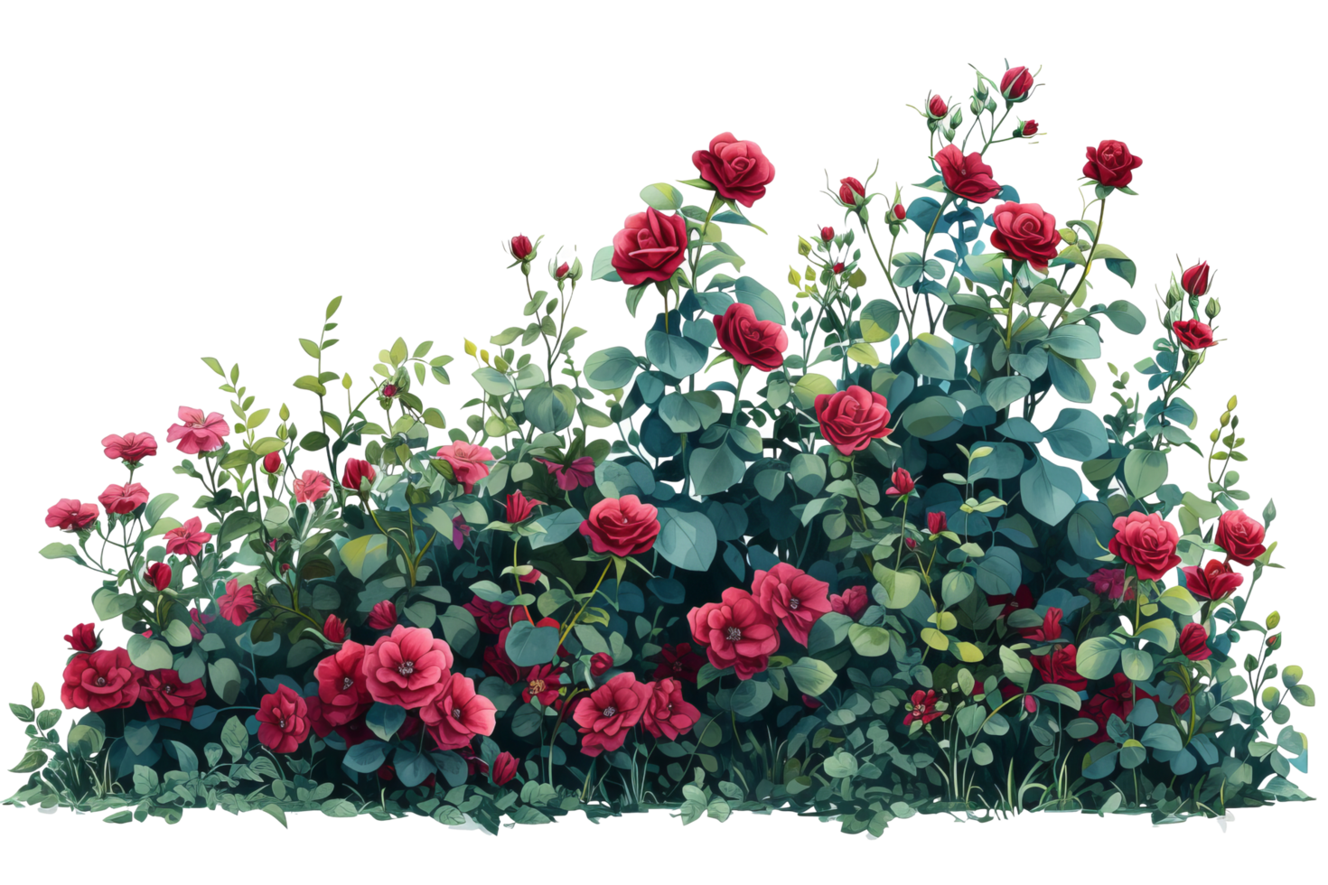 AI generated Cutout flowerbed. Plants and red flowers. Red roses. isolated on transparent background With clipping path.3d render png