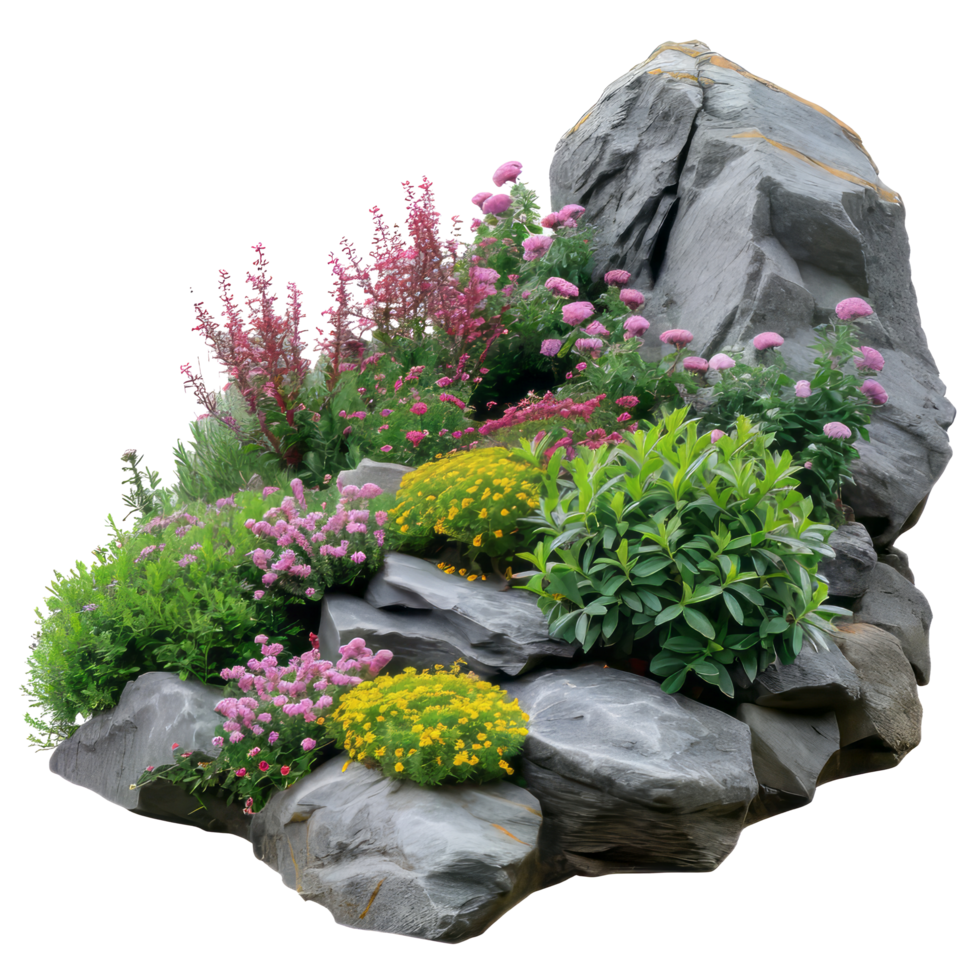 AI generated Cutout rock surrounded by flowers. isolated on transparent background With clipping path.3d render png