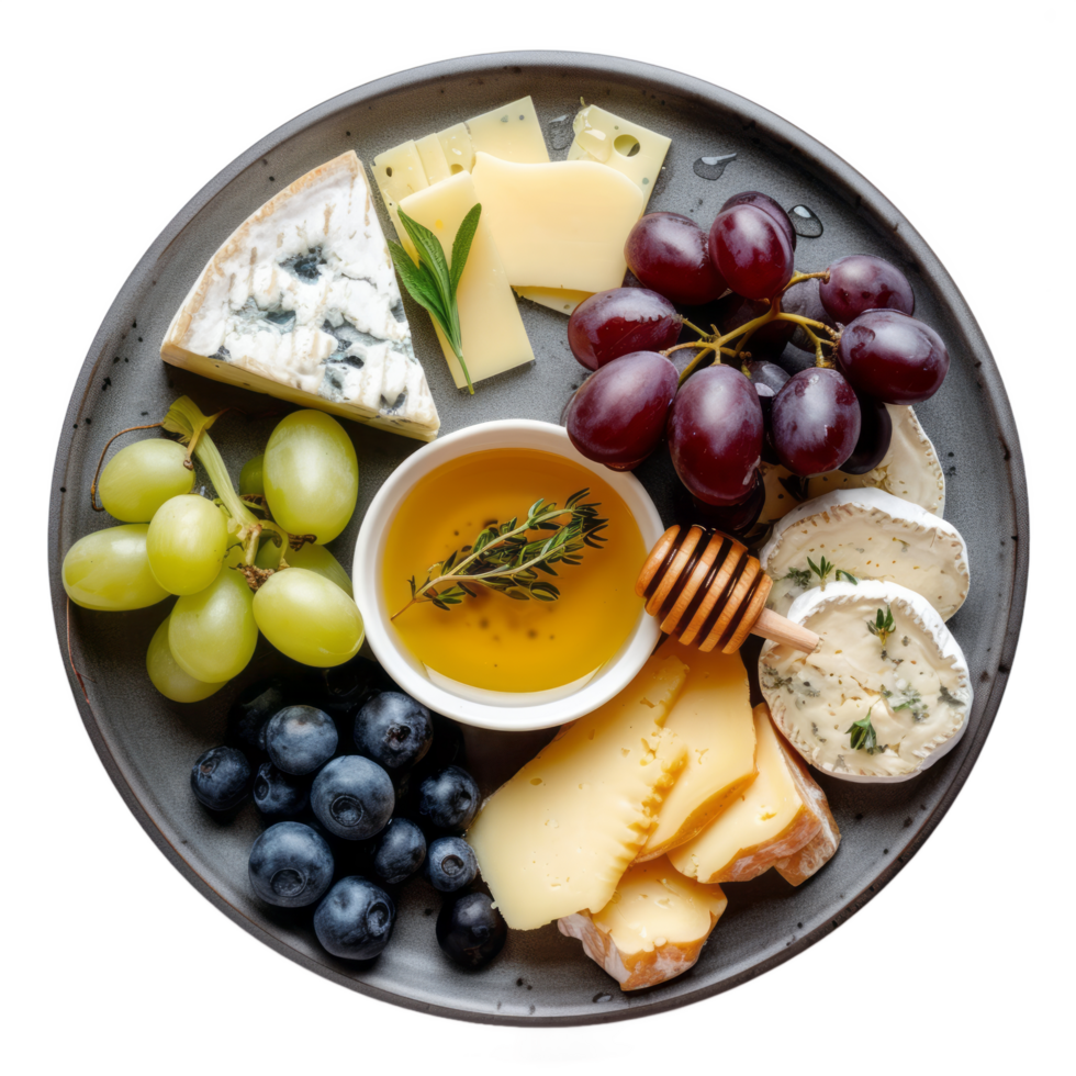 Cheese plate. Brie cheese served with fruits and honey on gray plate.isolated on transparent background With clipping path.3d render png