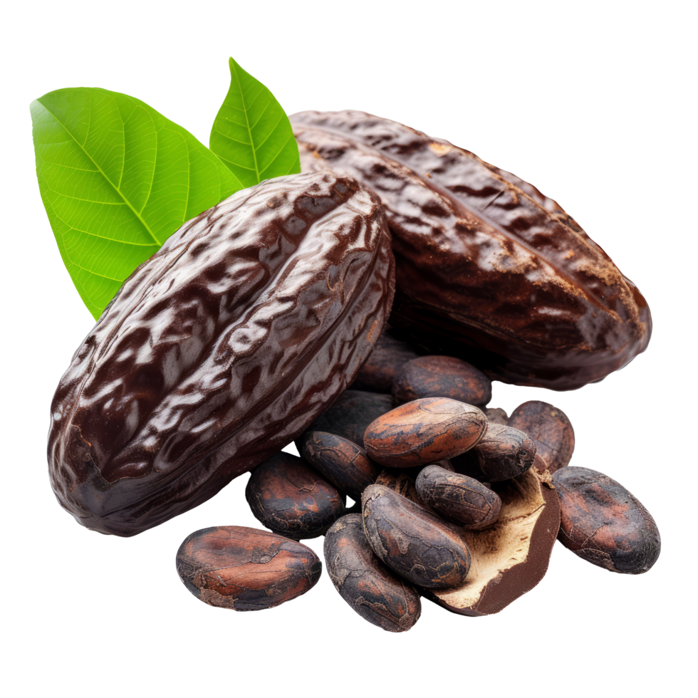 Cacao beans with leaves isolated on transparent background With clipping path.3d render png