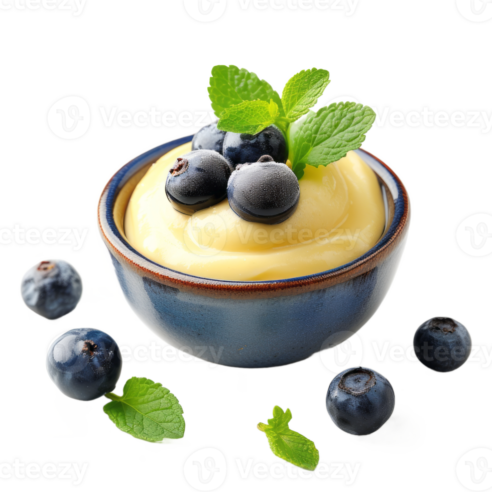 AI generated Bowl of tasty vanilla pudding with blueberry isolated on transparent background With clipping path.3d rendering png