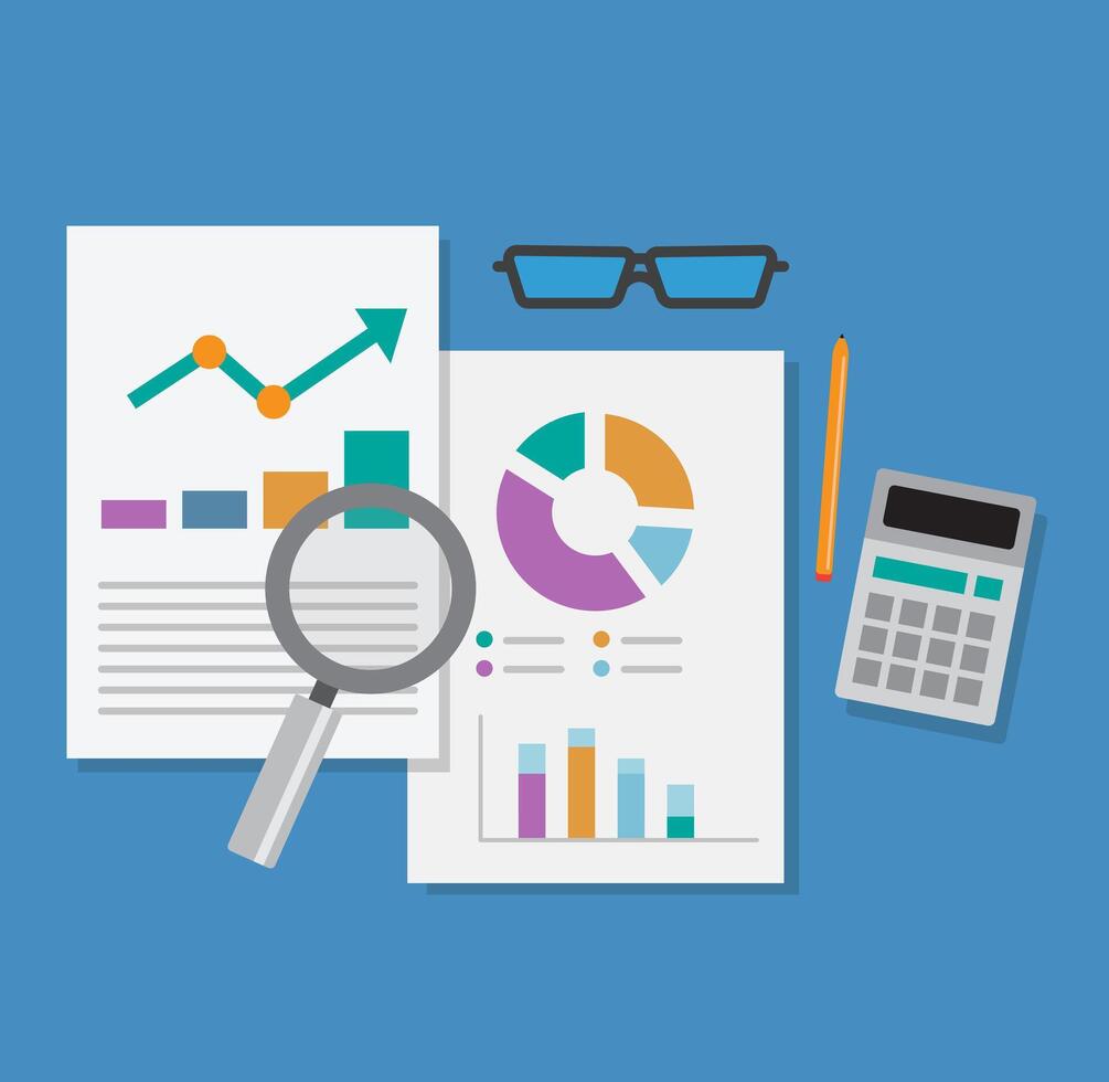 análisis de financiero reporte datos en papel con cartas y diagramas y ingresos vector ilustración