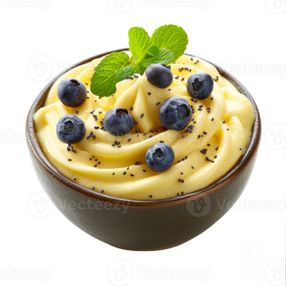 AI generated Bowl of tasty vanilla pudding with blueberry isolated on transparent background With clipping path.3d rendering png