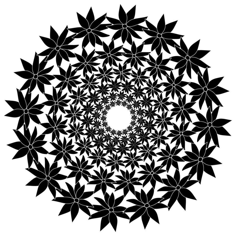 Vector abstract round pattern in the form of black flowers arranged in a circle on a white background
