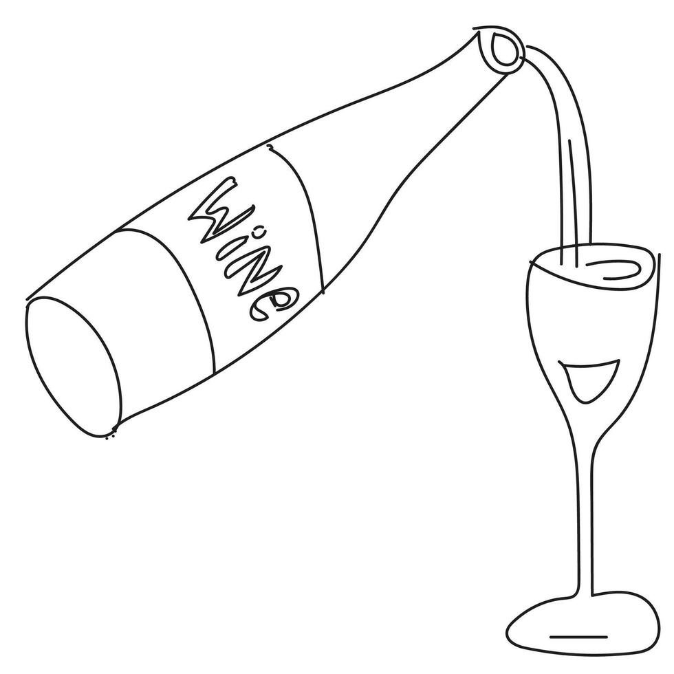 A bottle of wine and a glass drawn with a black pencil on a white background in doodle style vector