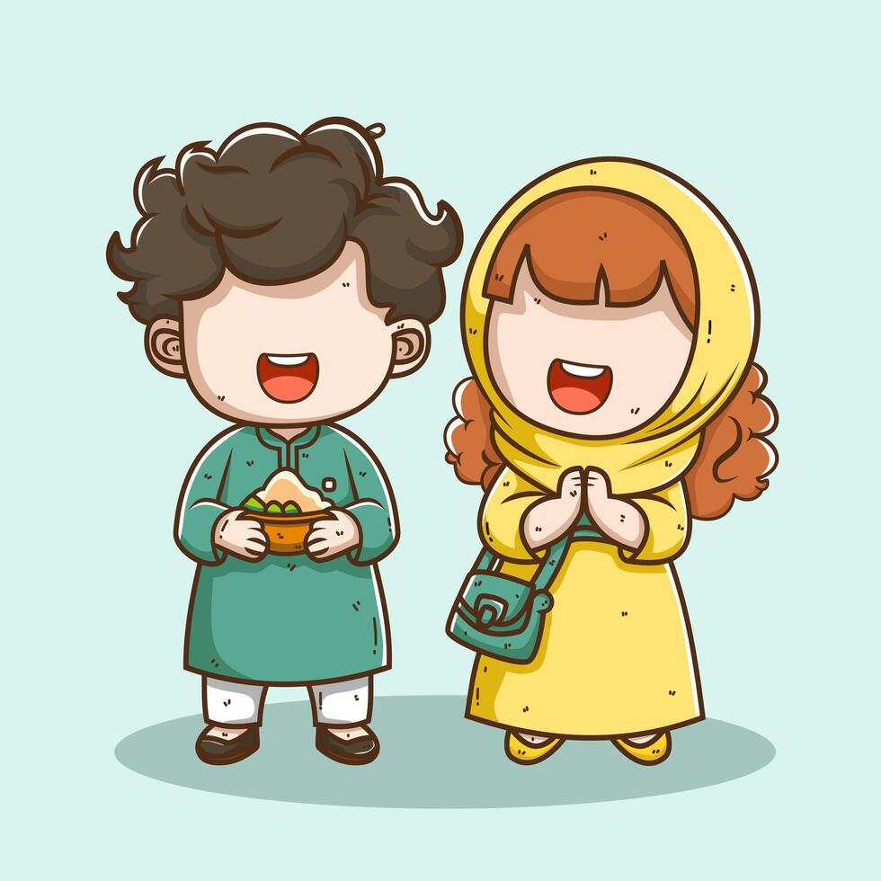 Cute Muslim kid cartoon character vector illustration