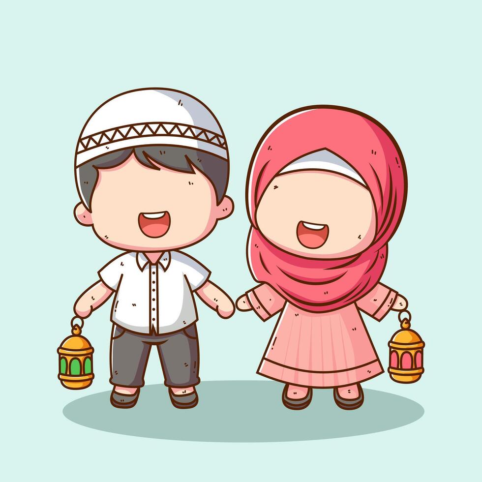 Cute Muslim kid cartoon character vector illustration