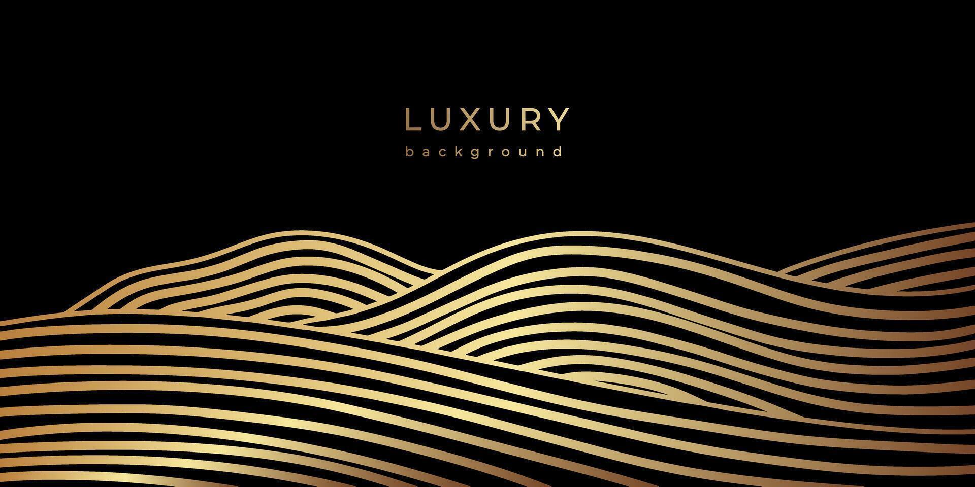 Luxury linear golden hills. Abstract landscape with field or meadow. Minimalist wall art. Line art background design. Linear mound with striped pattern. Vector illustration. Gold and black banner
