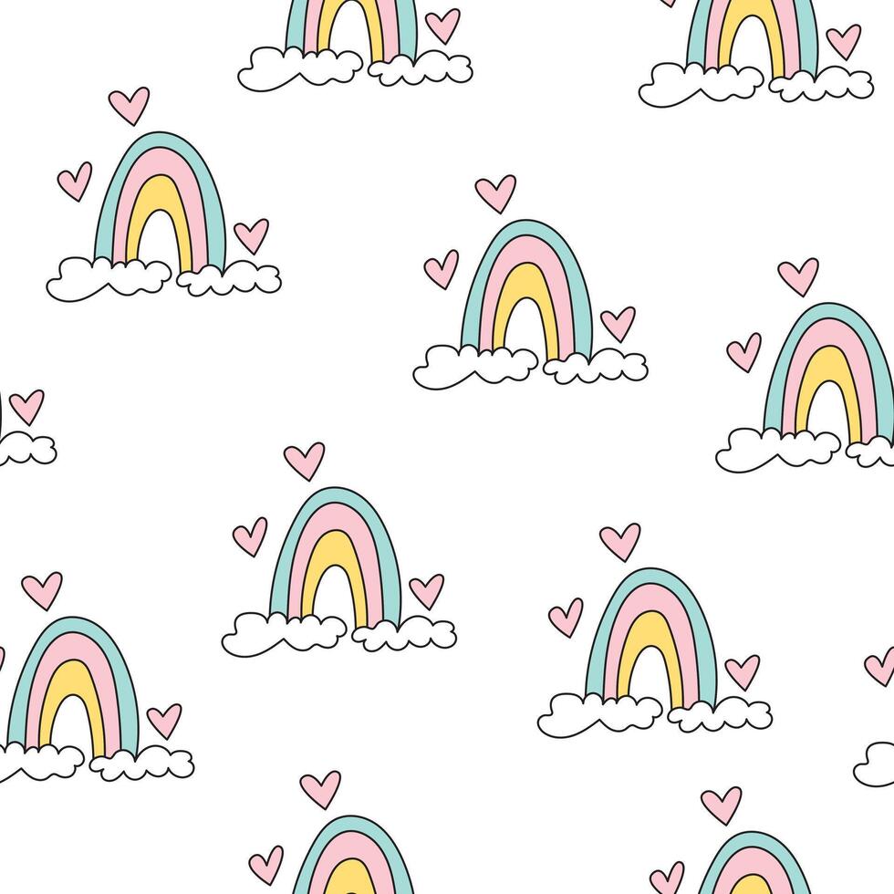 Seamless pattern with cute rainbows with clouds and hearts. Kawaii, groovy white background. Childish texture for textile, fabric vector