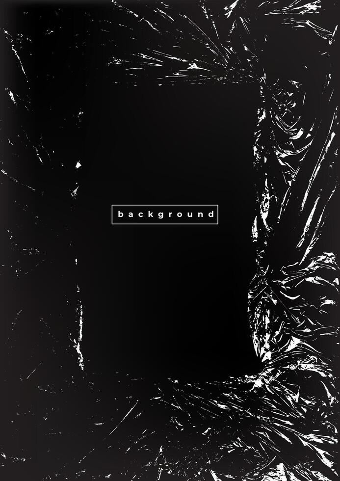 Polyethylene texture. Torn effect. Transparent stretched cling film. Overlay grunge texture. Black and white vector background. Crumpled warp plastic. Defect, scuff frame template.