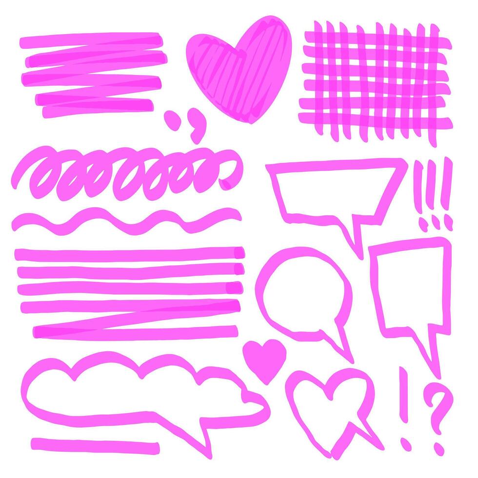 Set of hand drawn pink highlighter design elements. Marker color strokes, lines, heart, clouds, punctuation marks. Talk bubbles, text boxes. Vector illustration. Marker underlines. Frames and borders