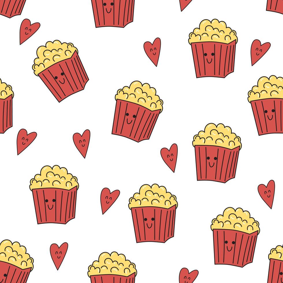 Seamless pattern with popcorn bags with anthropomorphic face and cute hearts on white background. Kawaii food vector