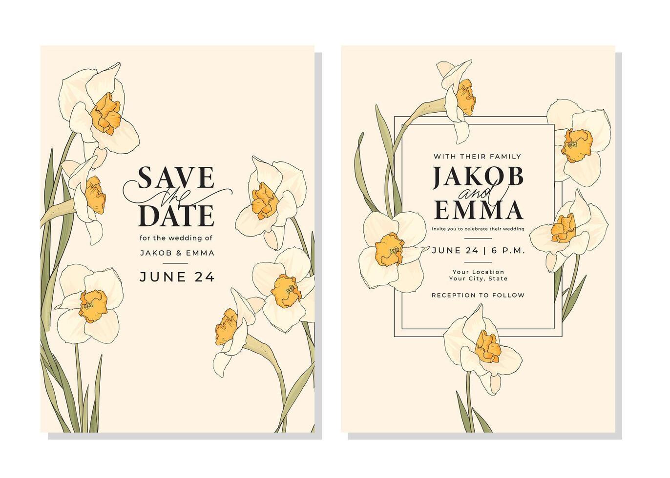 Set of wedding invitation cards. Templates with white daffodils. Vintage botanical pattern with flowers. Save the date. Layout design with retro illustration with outline vector