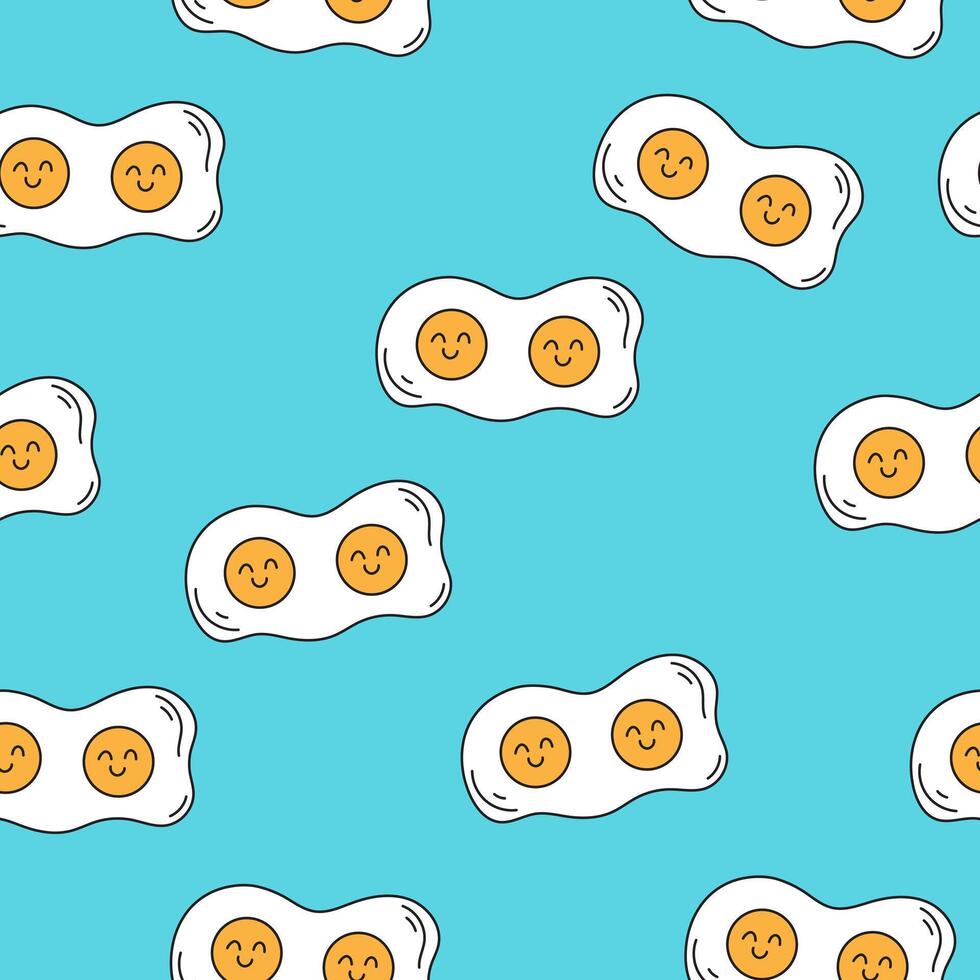 Seamless pattern with fried eggs with anthropomorphic face on turquoise background. Kawaii food vector