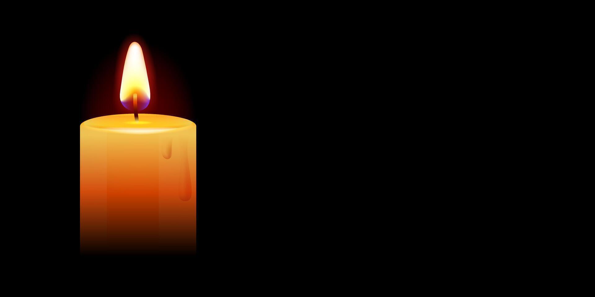 Candle burning in the dark. Yellow candle on black background. Funeral, memorial candle with melted wax. Banner for condolence obituary message. Mourning. Candle flame at night. Remembrance day. vector