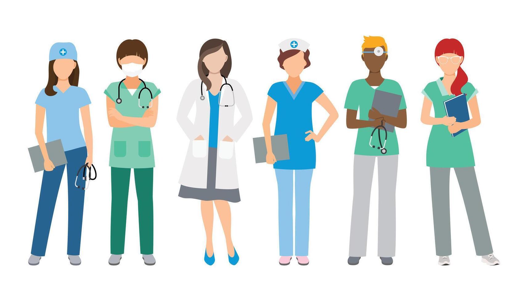 Vector illustration of a group of doctors and nurses. Flat style.