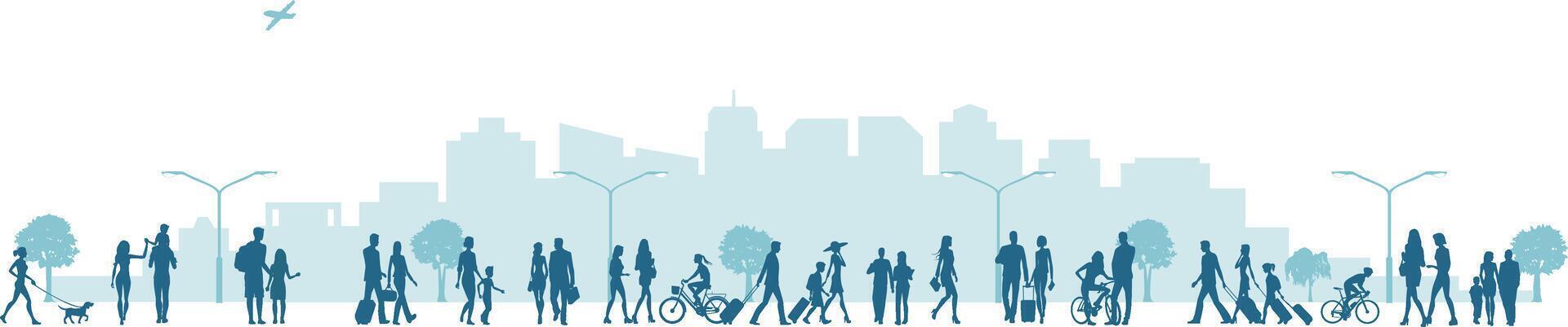 City and Crowd of People Vector Illustration