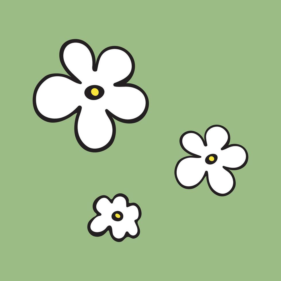Vector illustration of white doodle flowers on a green background.