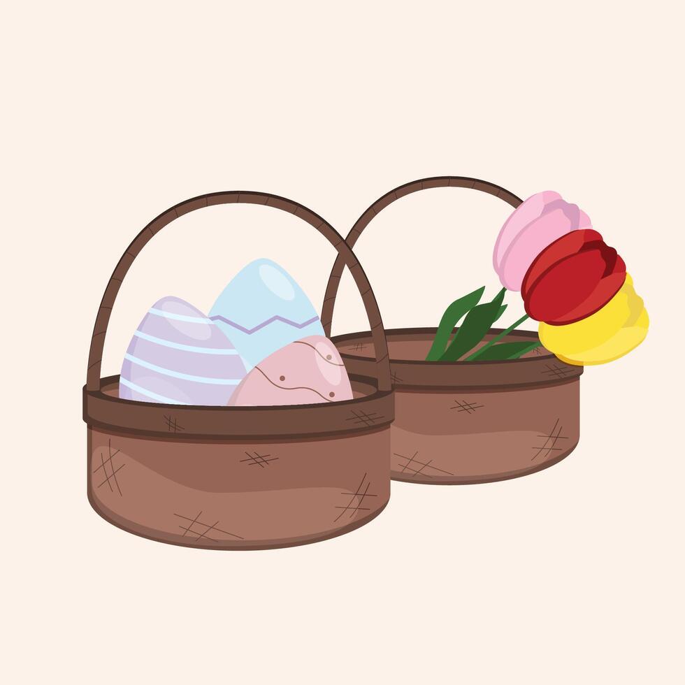 Vector illustration of a set of Easter baskets with eggs and tulips.