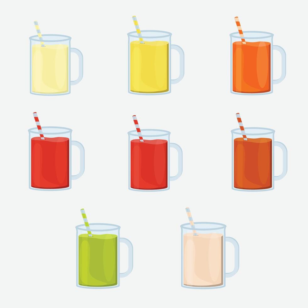 vector ilustración de un conjunto de lentes con jugo. jugos con diferente sabores Fruta jugos