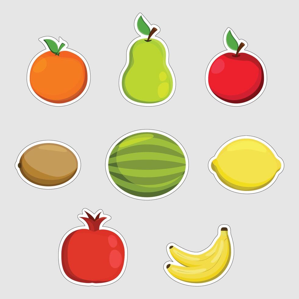 Vector illustration of a set of juicy ripe fruit stickers on a gray background.