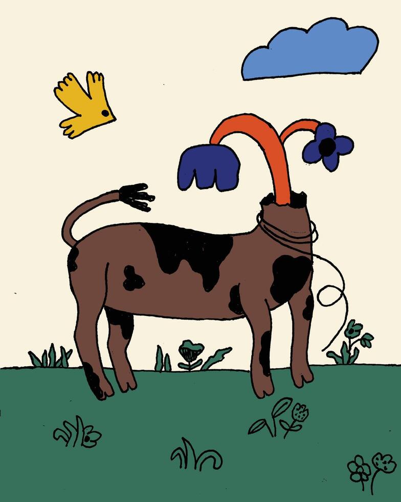 hand drawn cartoon abstract illustration of cow on grassland vector